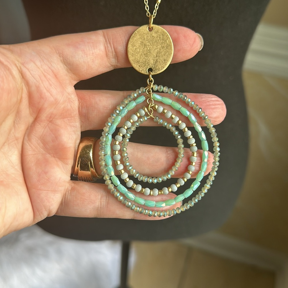 Turquoise W/Blue glass beads Spinning Long Statement Necklace by Premier Designs - Picture 3 of 6